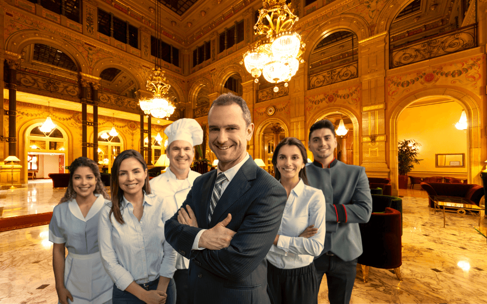 Gerente de hotel negociando com fornecedores de alimentos e lavanderia para garantir padrões de qualidade e pontualidade nas entregas.