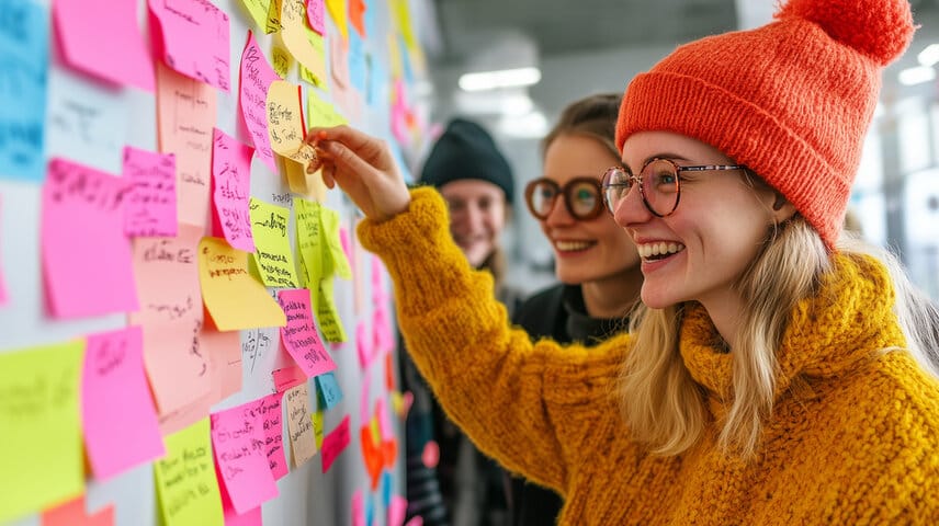 Equipe colaborando com post-its para montar fluxos de processo.