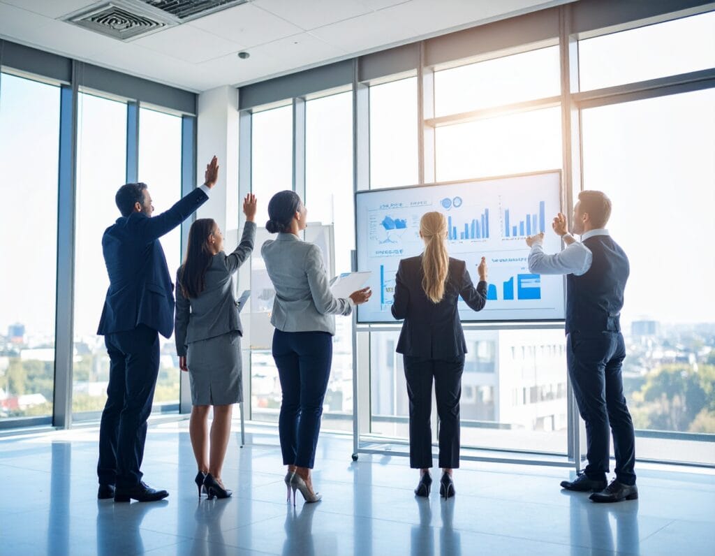 Equipe corporativa comemorando melhoria de desempenho com resultados visíveis.