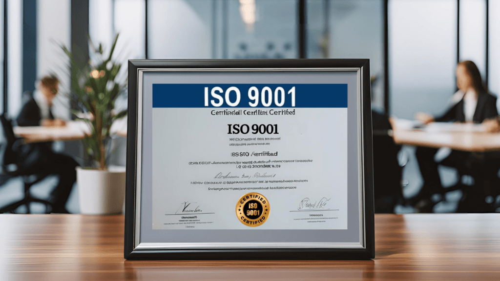 Selo-ISO-9001-na -parede-de-uma-empresa-certificada.