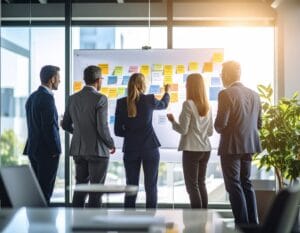 Equipe corporativa comemorando melhoria de desempenho com resultados visíveis.
