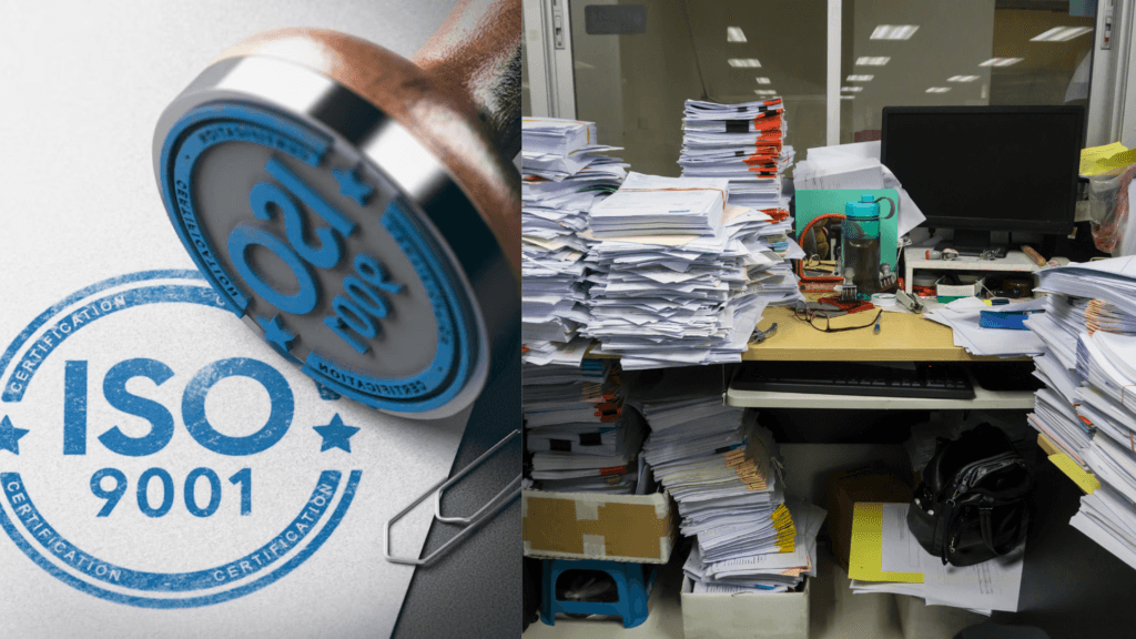 Documento ISO aprovado ao lado de um processo de produção com falhas.